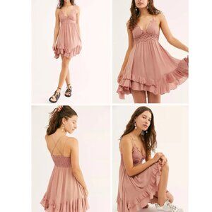 Free People Adella Slip Mini Dress Sz: Large Rose Pink Crochet Lace Smocked